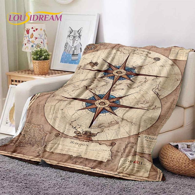 3D Ancient Nautical Chart World Map Compass Soft Flannel Blankets,Throw Blanket Comfortable Blanket for Picnic Beds Sofa Bedroom