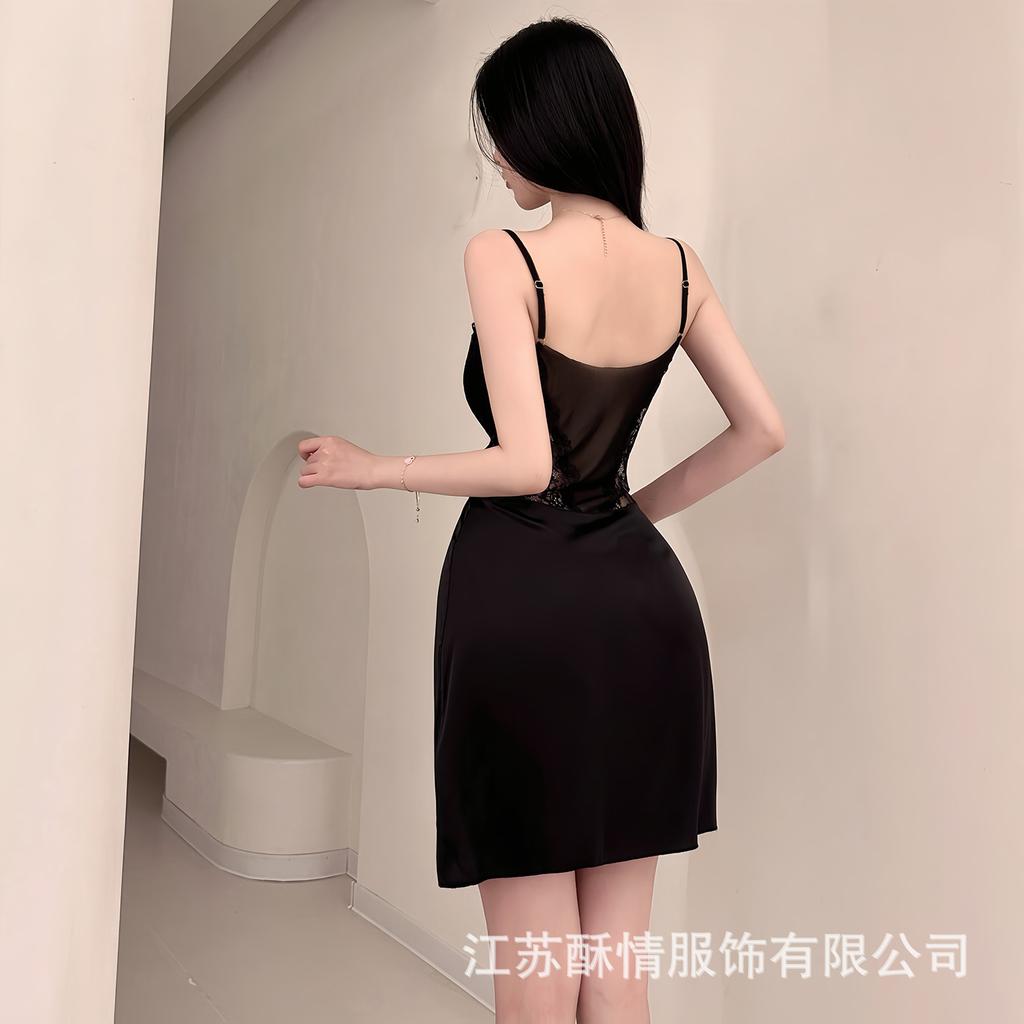 Spring and Summer Sexy Nightdress Lace Temptation V-neck Gathering Ice Silk Suspender Nightdress Backless Chest Pad Suspender Nightdress Set