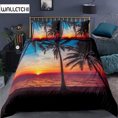 Ocean Beach Duvet Cover Set King Microfiber Tropical Sunset Beach with Palm Trees Bedding Set Peaceful Ocean Evening Quilt Cover