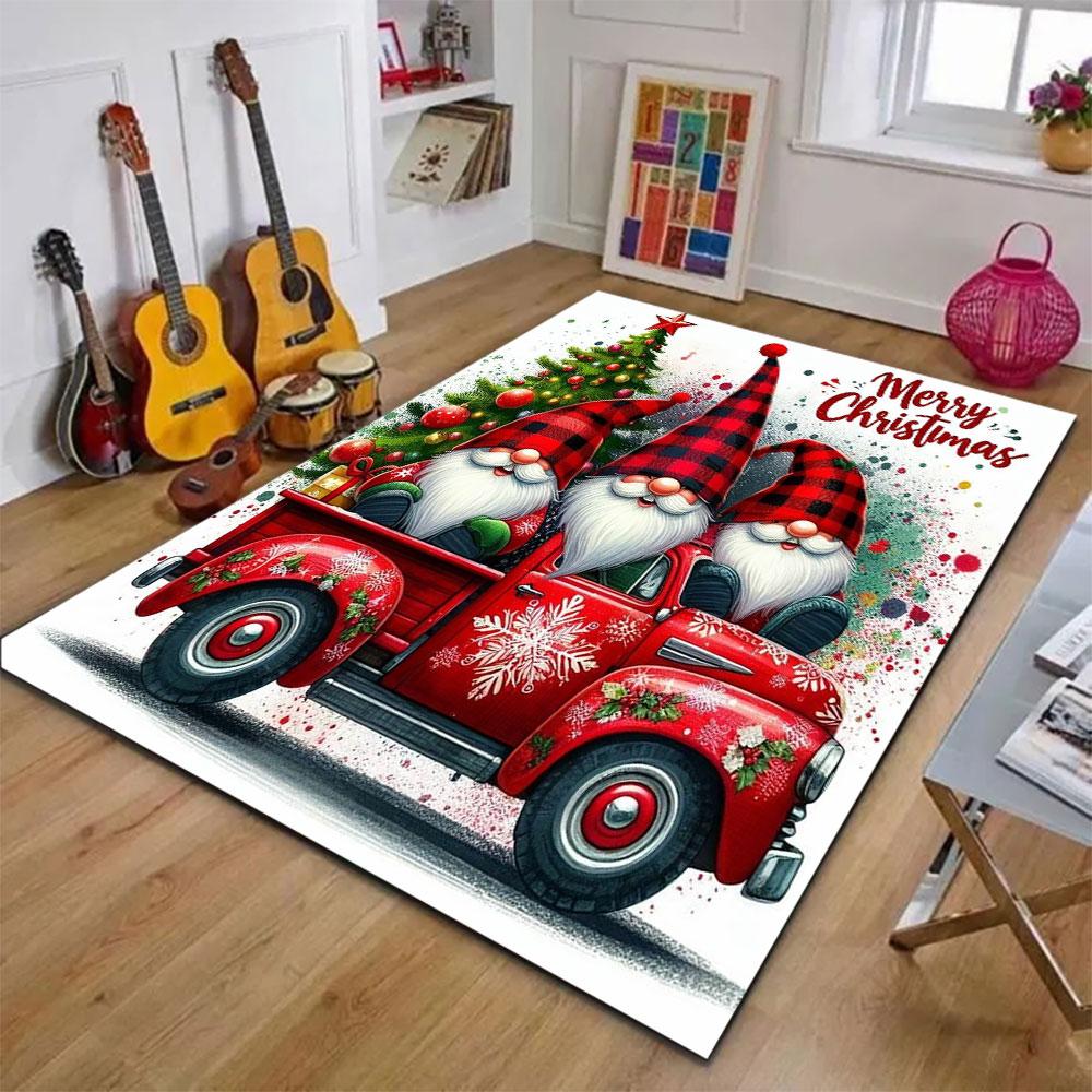 Christmas Gnomes with Red Truck and Tree Patterned carpet, suitable as a non slip play mat for the living room and bedroom sofa