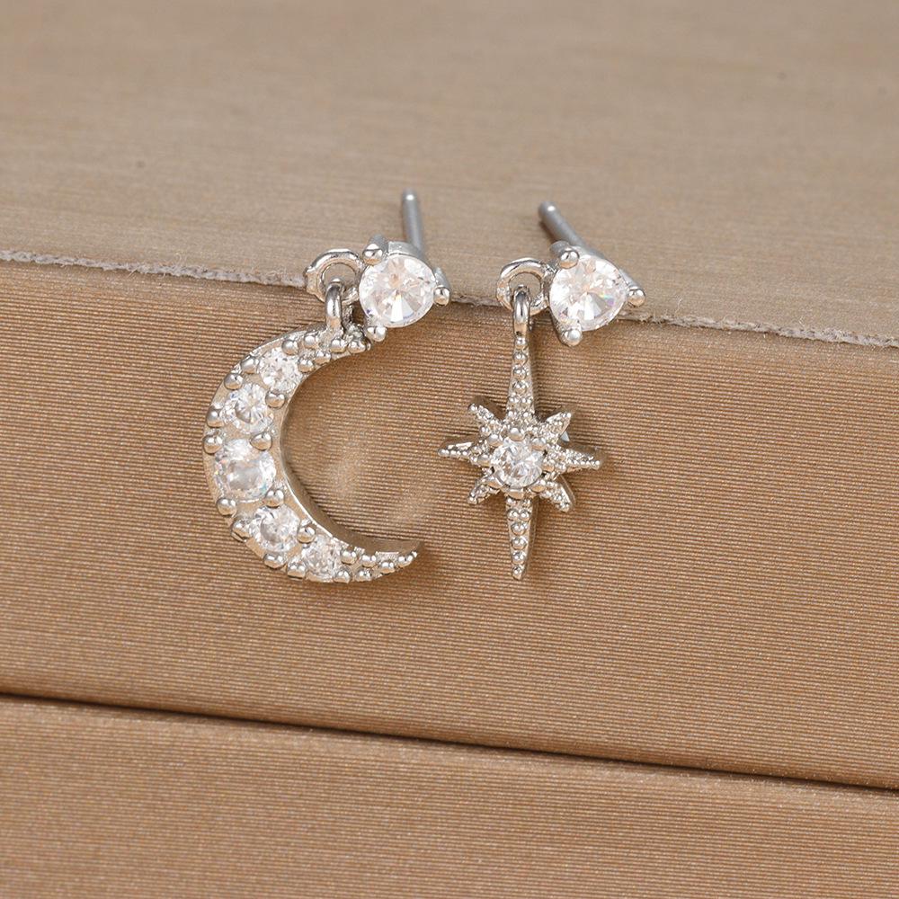 18K Gold-Plated Zircon Stud Earrings: Asymmetrical Star & Moon Design with S925 Silver Needle