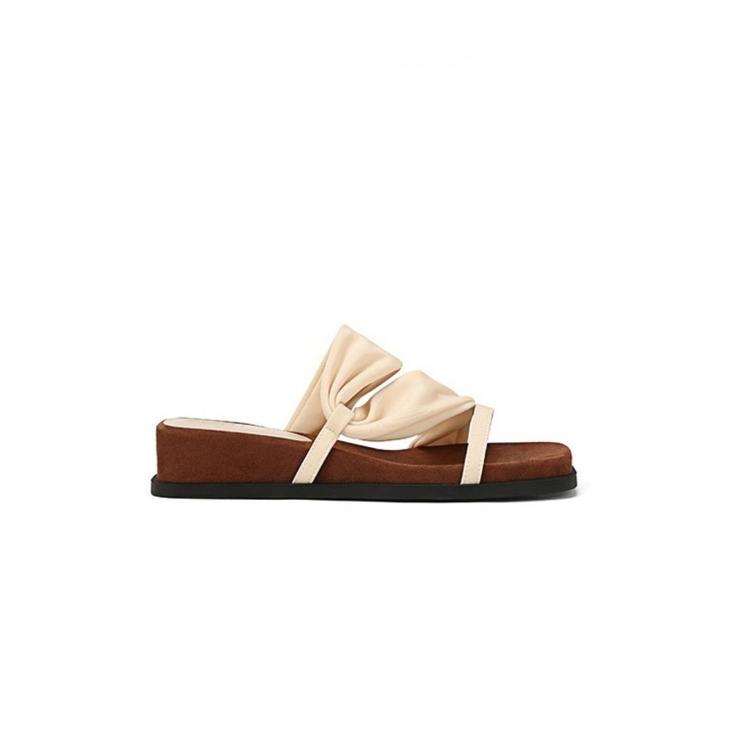 Sheepskin Version of Genuine Leather Two Wear French Wedge Heel Retro One-word Slippers Women's Summer Wear Temperament High Heels Cool Slippers