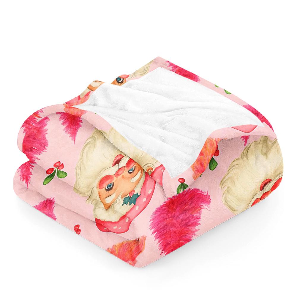 Retro Pink Christmas Tree Blanket Cute Santa Gingerbread Soft Cozy Warm Throw for Bed Sofa Travel Winter Gift
