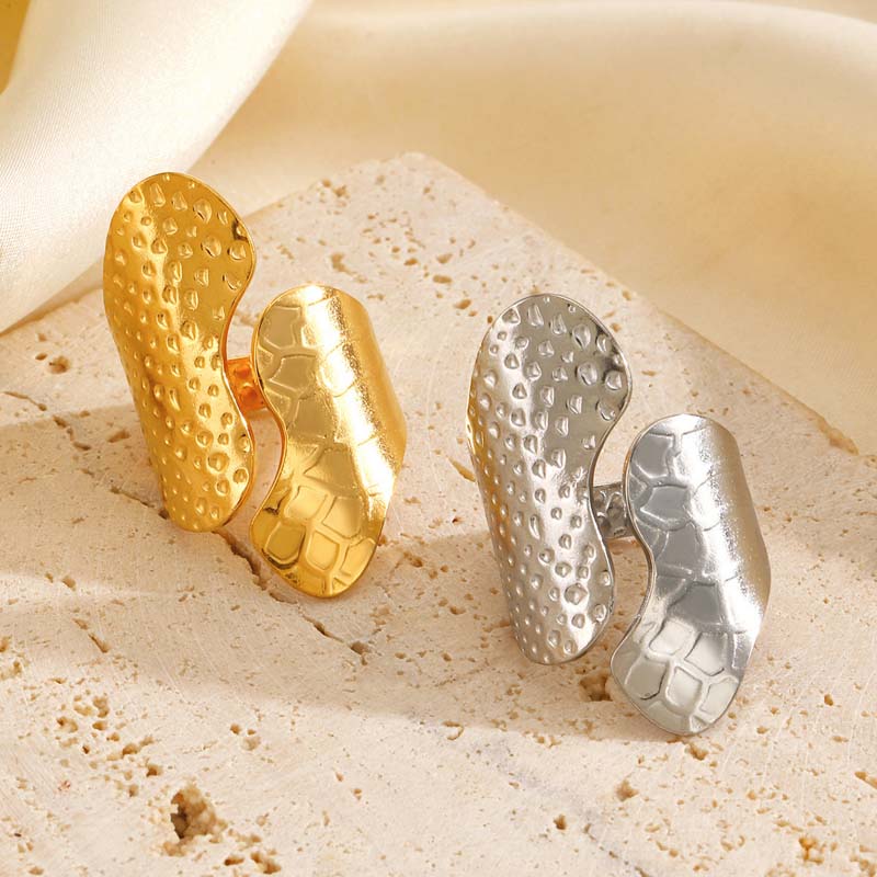 Stainless Steel Metal Wide Open Rings For Women Exaggerated Gold Color Texture Geometric Line Ring Jewelry Gifts