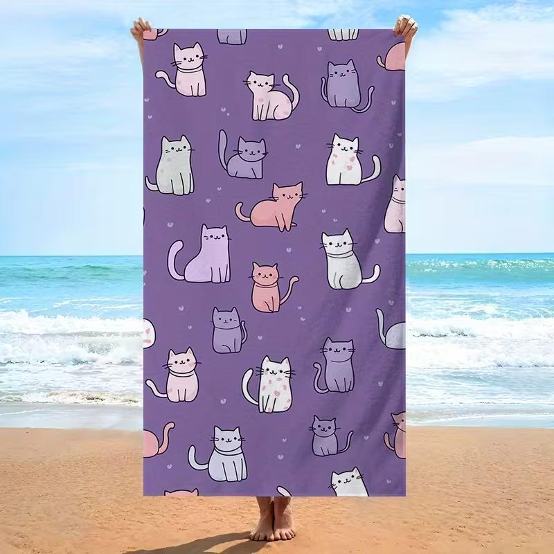Cute Cartoon Cat Print Beach Towel Absorbent Quick Dry Sandproof Towel Girly Kitten with Toys Pattern Summer Towel for Beach