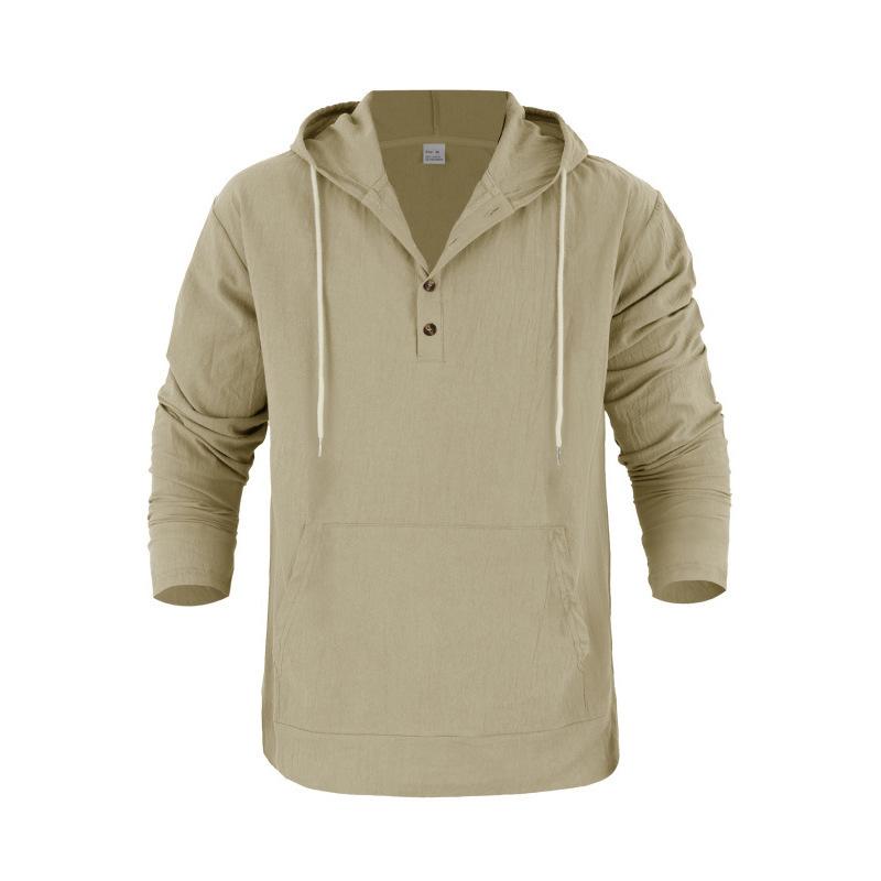 Men's Linen Hooded Long-Sleeved T-Shirt Beachwear & Leisurewear Loose Fit with Large Pockets Henley Neck Top