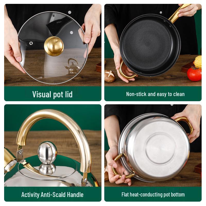 12-Piece Non-Stick Stainless Steel Cookware Set with Gold Handles and Kettle