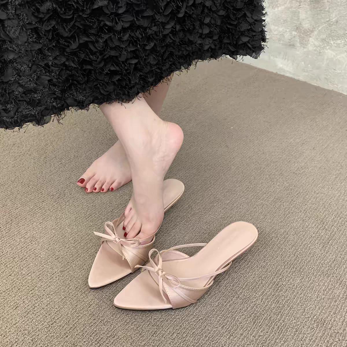 

Purple small high-heeled bow cool slippers fairy shoes outer wear 2025 summer new French with skirt sandals 35