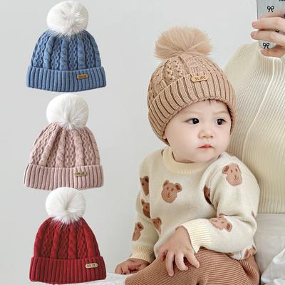 Winter Warme Strickmütze für Babys, einfarbig, für Mädchen und Jungen, Haarballen-Beanie, Kindermütze, Säuglingsgehörschutz, koreanische Kindermütze