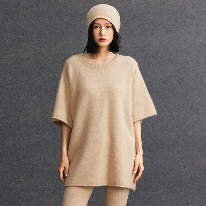 Damen Kaschmir Pullover mit Rundhalsausschnitt - Winter 2026, Mittellang, Fünf-Punkt-Ärmel, Sanfter Stil, Lockere Passform, Schlankmachende Strickware.