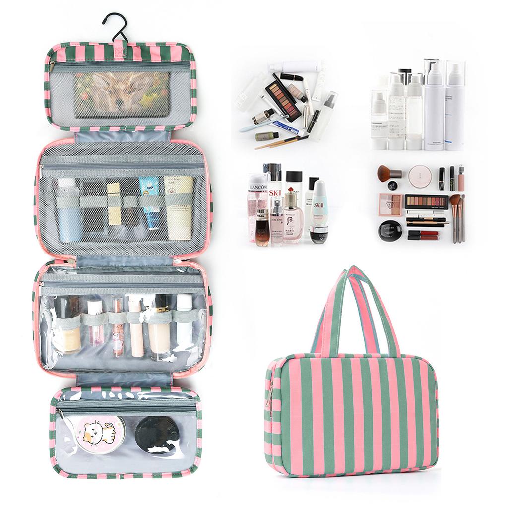 Polyester lightweight folding zone stripe makeup storage package dry wet separation wash portable handbag