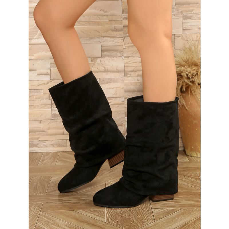 2025 New Trouser Boots Women's Winter Plus Size Coarse Heel Sleeve Pleated Stacked Boots