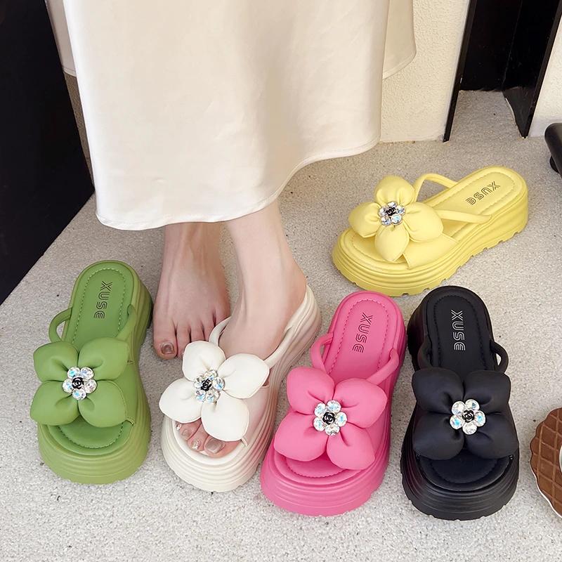 Women's Slippers Flower Platform Sole Rhinestones Shoes Women Dress Outdoor Summer Korean Style 2025 Zapatillas De Mujer