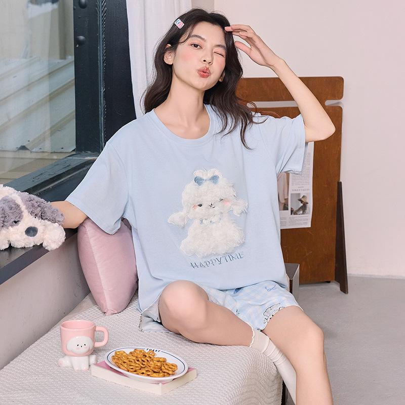 Snowflake Cotton Women s Pajama Set: Short Sleeve, Shorts & Bra Pads - Cartoon Casual Loungewear for Spring/Summer Extra Large