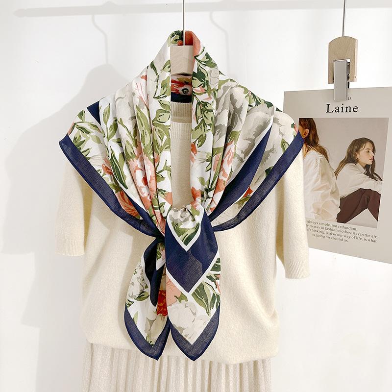 Japanese and Korean niche design sense idyllic plant flower printing silk scarf 91 herringbone pattern square scarf travel photography outer
