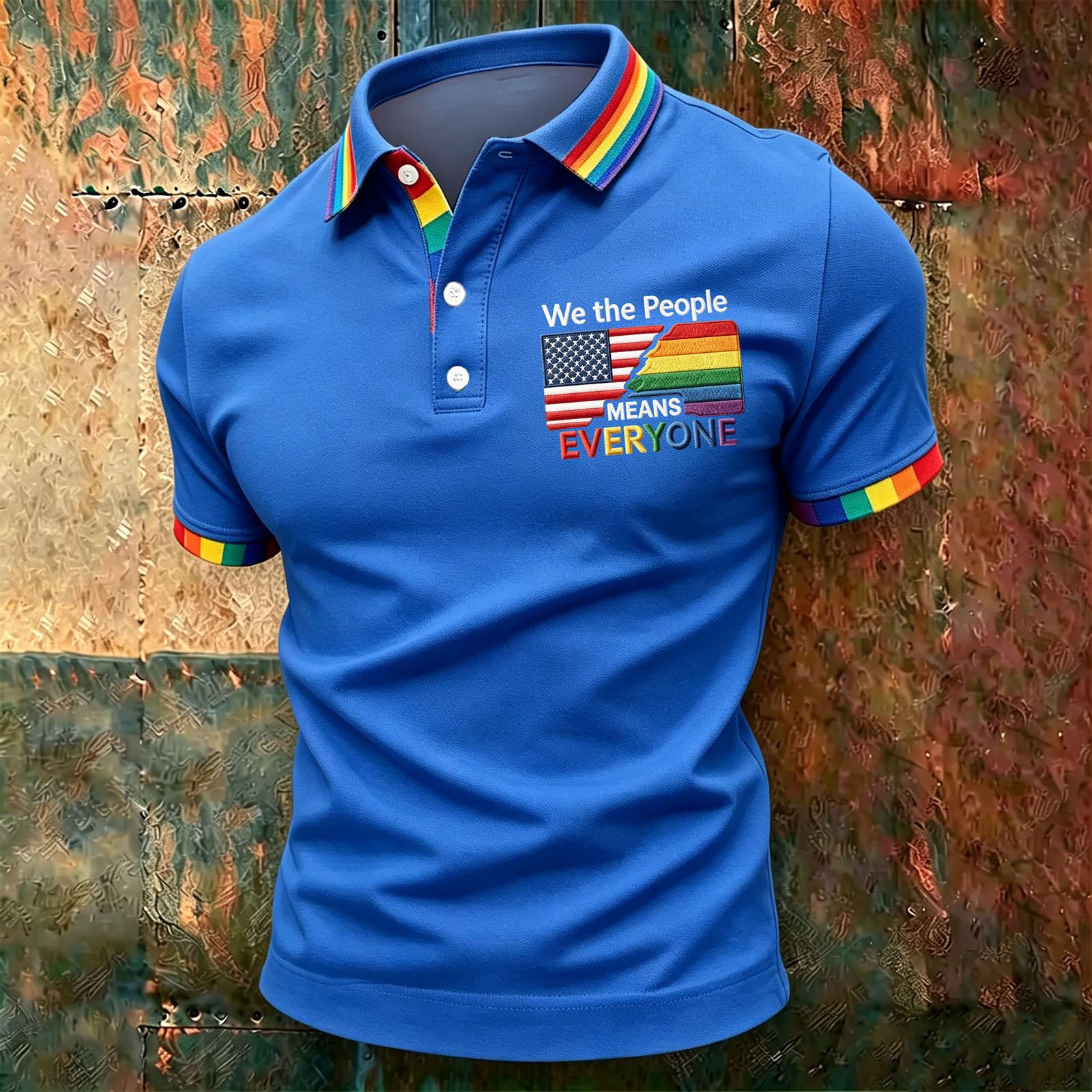 Men s Casual Gradient Polo Shirt Short Sleeve Button Down Shirt with Embroidered Patch Lettering We the People Means Everyone M синий