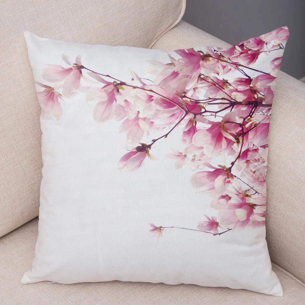 Pink Peach Blossom Cushion Cover Decor Watercolor Cartoon Plant Tree Pillow Case for Sofa Home Car Soft Plush Pillowcase 45x45cm