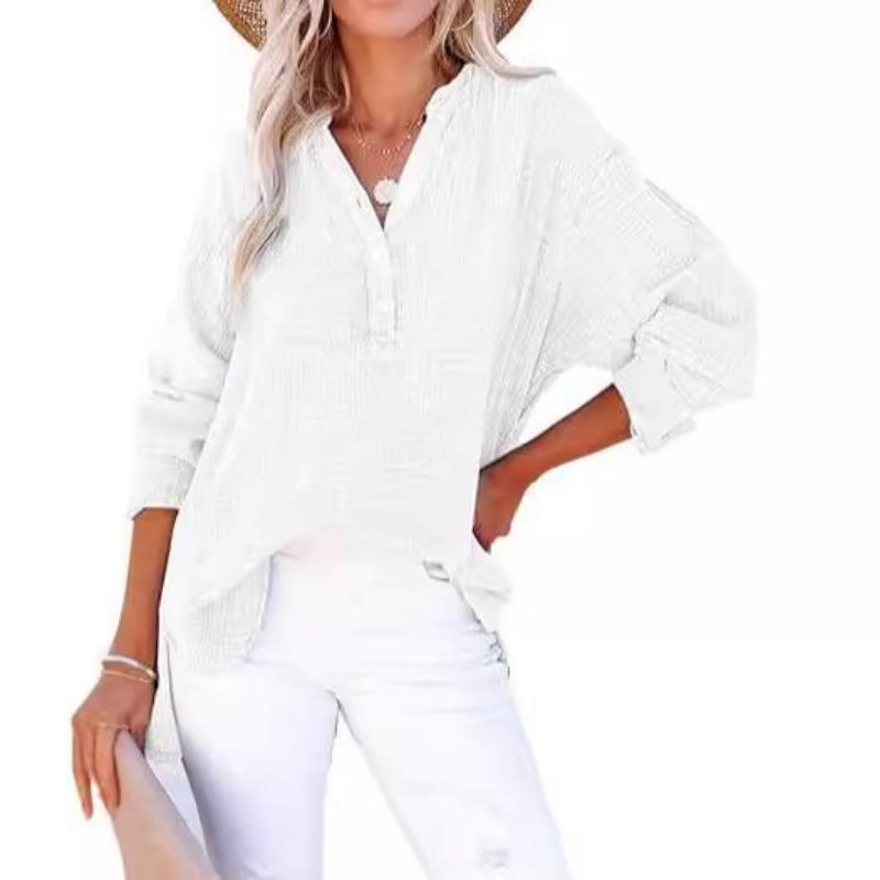 Fashionable Spring Autumn Pleated Button Long Sleeved Solid Color Top Women's Shirt Loose Pure Cotton Pullover Shirt