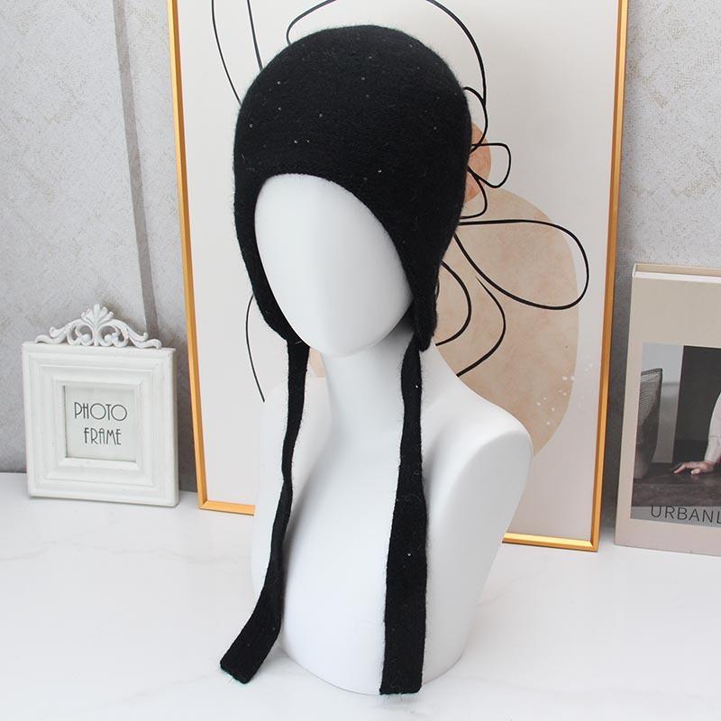 Autumn and winter sequined ear protection knitted hat women's retro lace-up bag head warm windproof wool hat outdoor cold-proof pullover hat