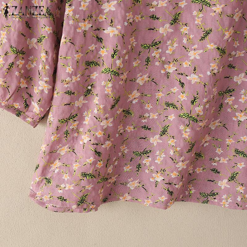 ZANZEA Women Casual Round Neck 3/4 Sleeve Loose Floral Blouse