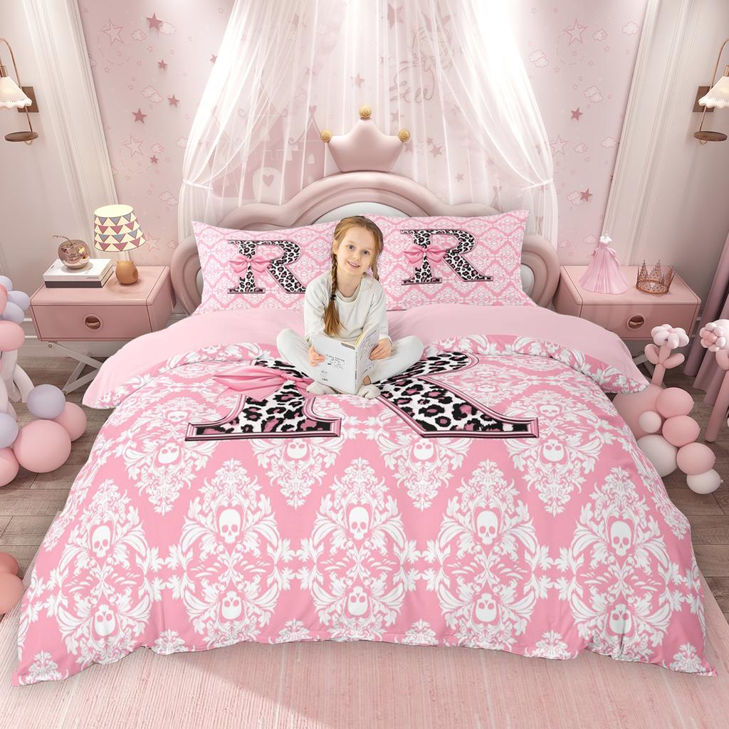 Homewish Girls Pink Duvet Cover Set Leopard Print Initial Bedding Set Bohemian Paisley Bowknot Comforter Cover Set