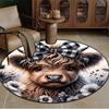 Highland Cow with Bow Round Rug Flannel Cute Animal Design Soft Washable Nursery Kids Room Play Area Floor Covering