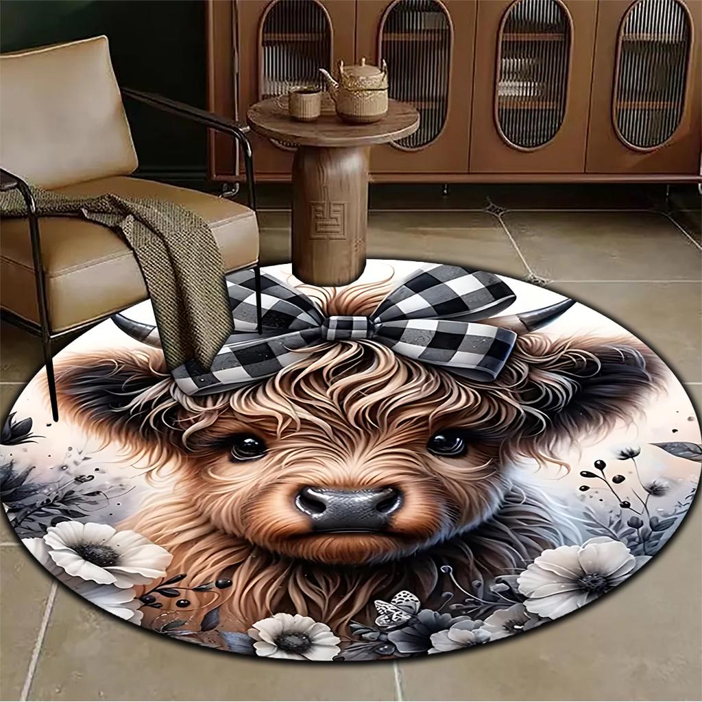 Highland Cow with Bow Round Rug Flannel Cute Animal Design Soft Washable Nursery Kids Room Play Area Floor Covering