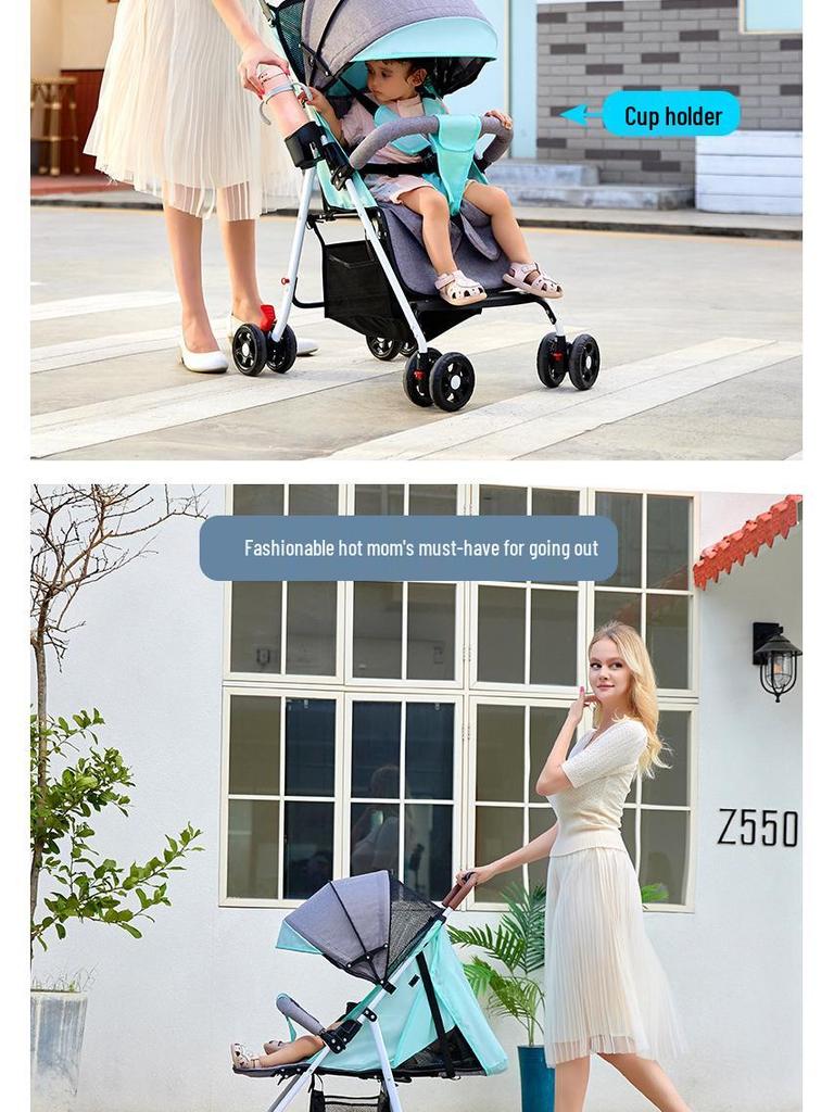 Lightweight Foldable Baby Stroller, Four-Wheeled, Convertible for Sitting or Lying, One-Button Fold Portable Design