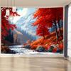 Autumn Mountain Stream Tapestry, Red Maple Trees Snowy Mountain Nature Landscape Wall Art for Bedroom Living Room Home Decor