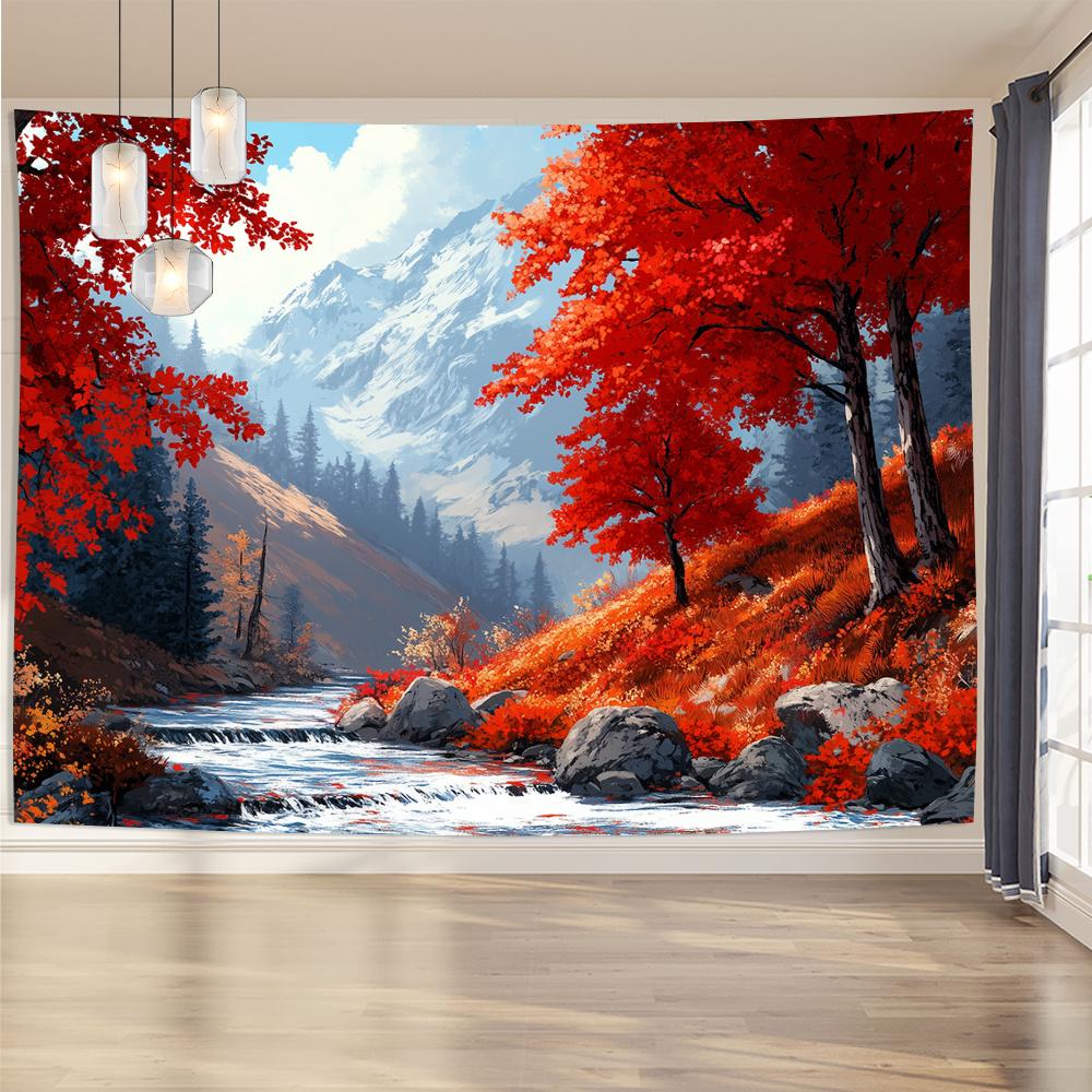 Autumn Mountain Stream Tapestry, Red Maple Trees Snowy Mountain Nature Landscape Wall Art for Bedroom Living Room Home Decor