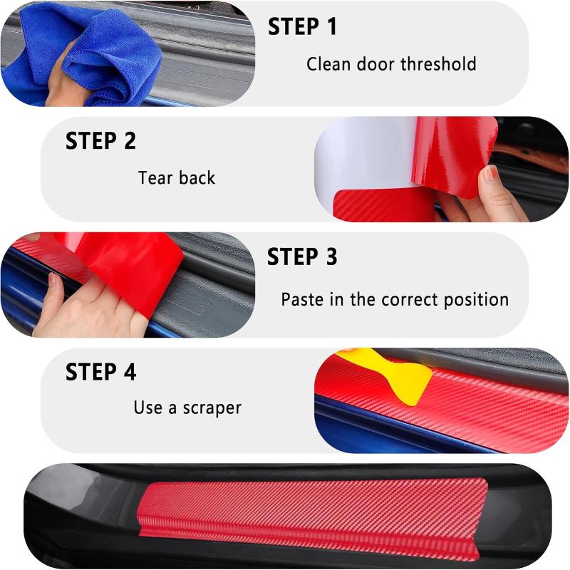 4Pcs Universal Carbon Fiber Leather Car Door Sill Protection Film Diy Paste Waterproof Anti Scratch Strip Car Sticker