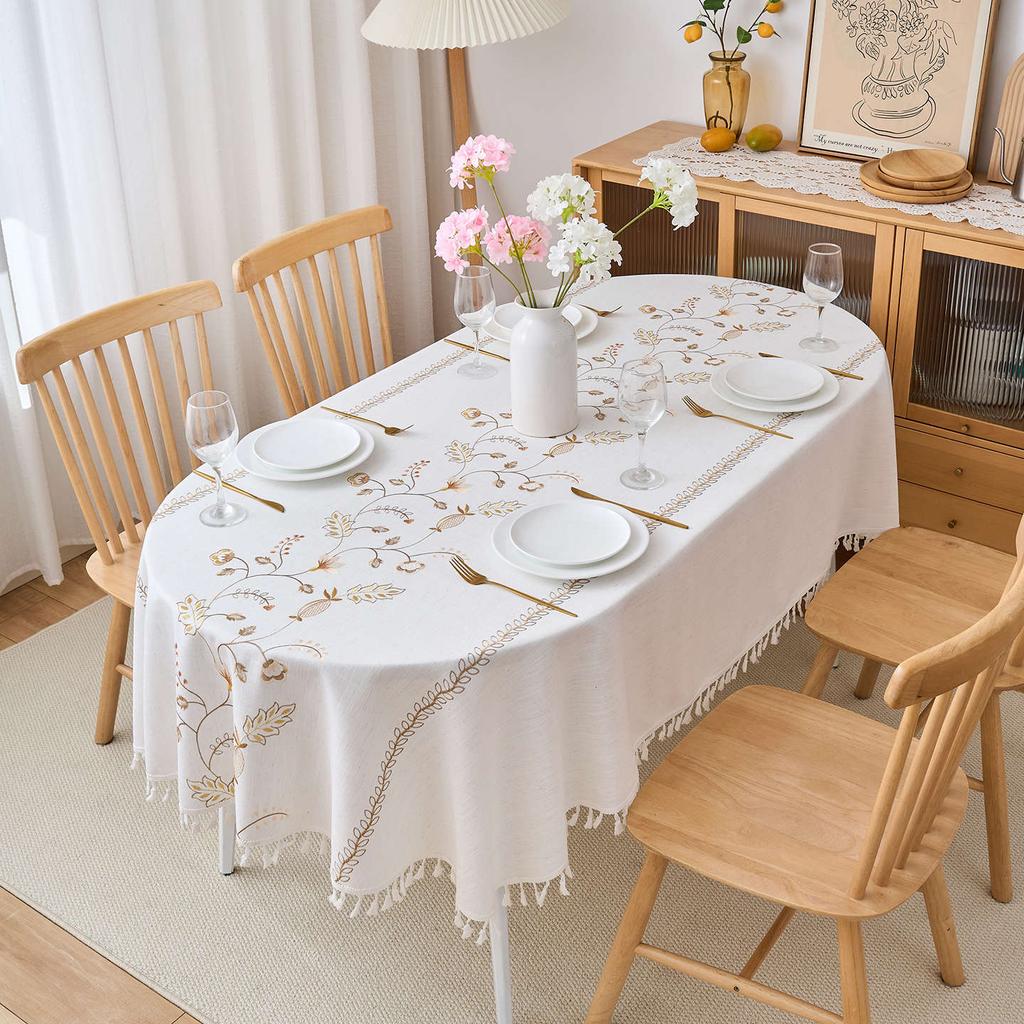 Oval Cotton And Linen Embroidered Fabric, High-Grade Tablecloth, Waterproof And Oil-Proof, Advanced Sense, Anti-Scalding And Wear-Resistant Coffee