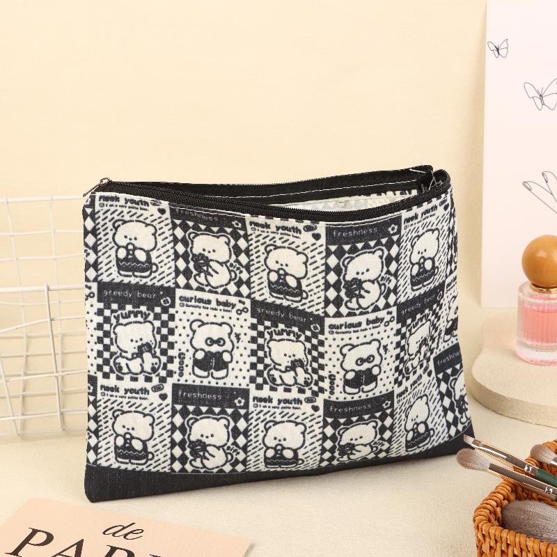 Cute Black Plaid Bear Cosmetic Bag Cartoon Clutch Makeup Bag Travel Toiletry Bag Large Capacity Storage Pouch Coin Purse Gifts