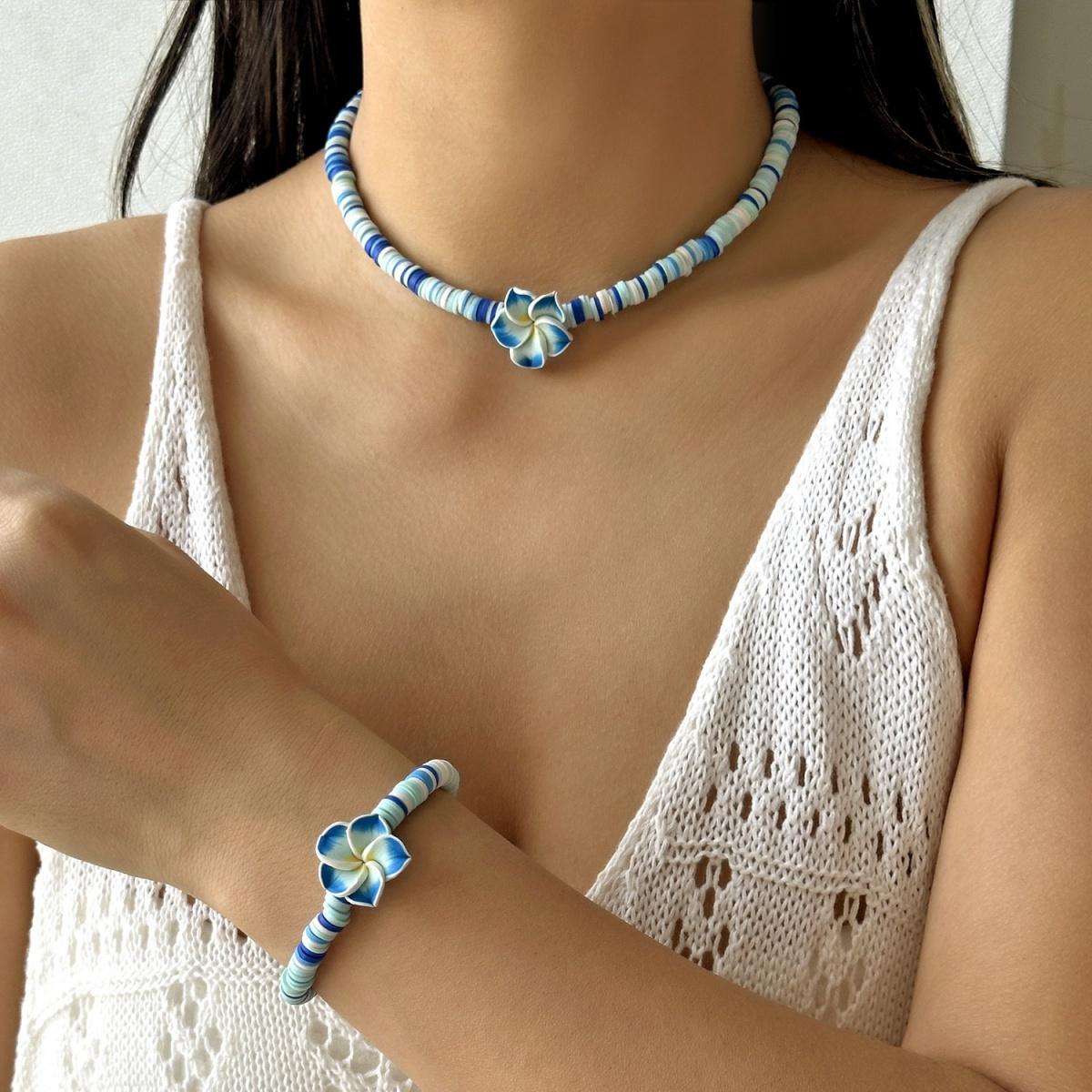 

Soft Polymer Clay Flower Necklace Bracelet Set For Women Men Boho Handmade Resin Beaded Floral Summer Ocean Beach Zircon Set