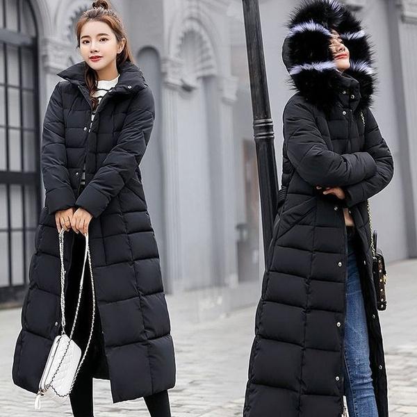 Giacca parka da donna alla moda invernale calda di media lunghezza con cappuccio casual, con collo in pelliccia rimovibile, per donna