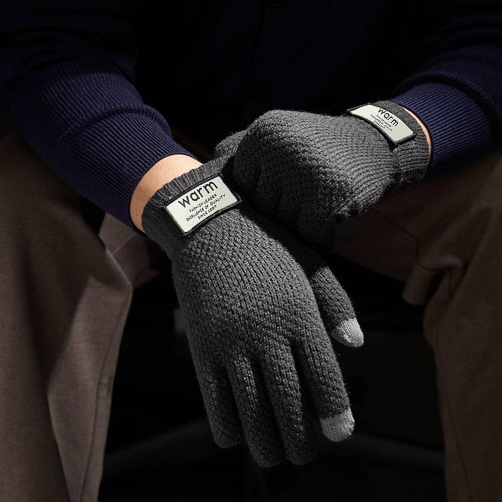 Thick fleece gloves Knitted Solid Cold Resistant Touch Screen Thicken Lining Skiing Winter Full Fingered Mittens For Men
