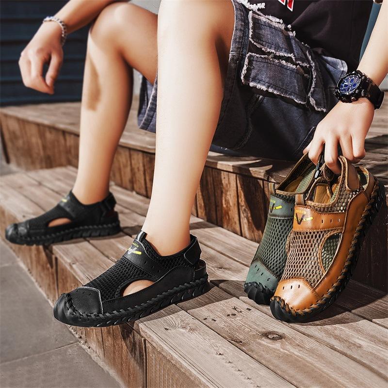 Men's plus size handmade mesh casual sandals summer new breathable non-slip beach shoes fashion  hollow comfort slippers
