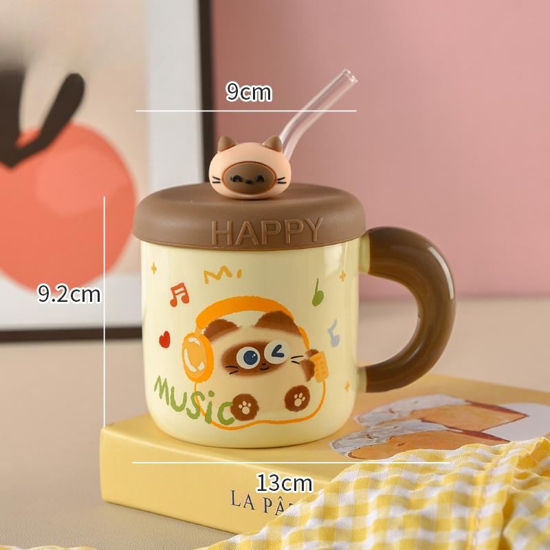 Kitten Couple Ceramic Mug with Lid Cup with Straw Water Cup Female Office Worker Cute Student Drinking Water for Home Use