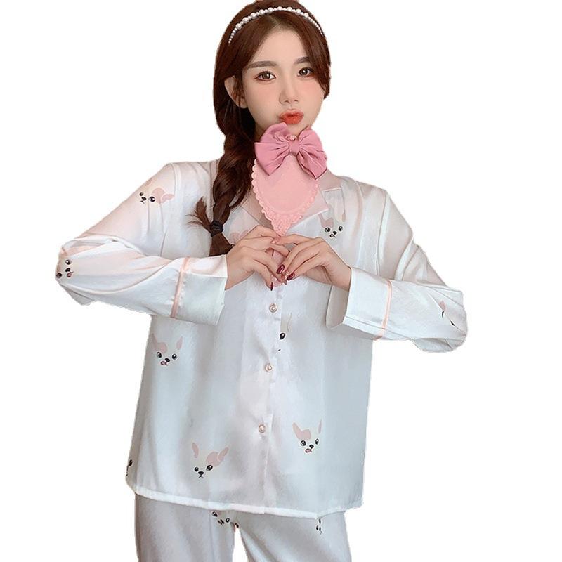 Ice Silk Pajamas Women'S Spring Summer New Long-Sleeved Trousers Casual Loungewear High-End Satin Silk Suit