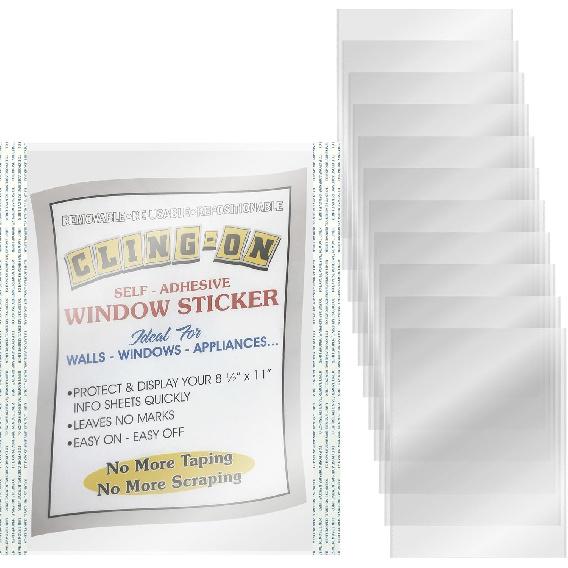 25 Pack - Cling-On Self-Adhesive Window Stickers - Clear Plastic Sheet Protectors for 8.5x11 Letter Size Paper - 3mil Thick - Top Loading -