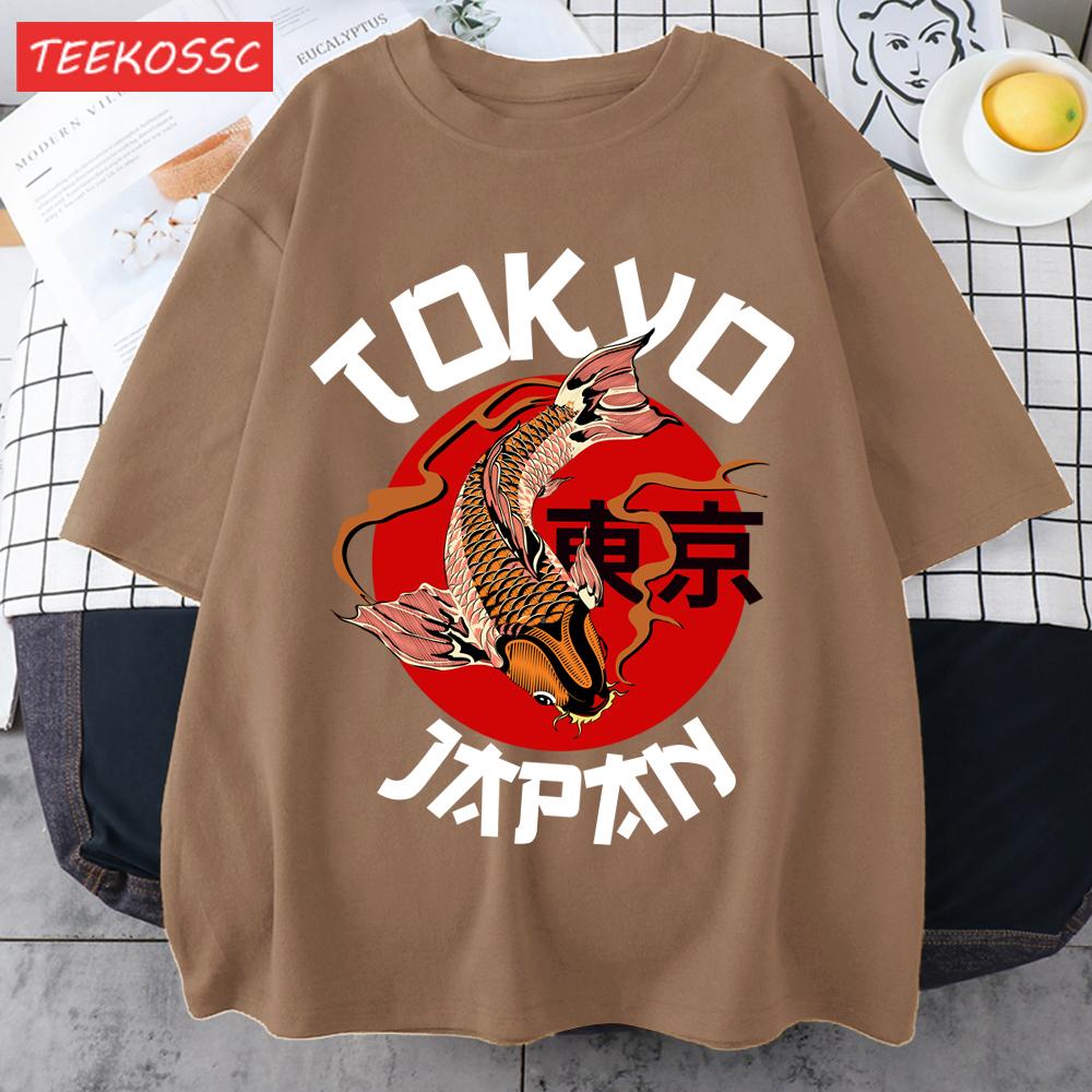 Harajuku Tokyo Japan Koi Fish Print Men T Shirts Hip Hop ONeck TShirt Soft Cotton Male Sportswear Casual Comfortable Clothes