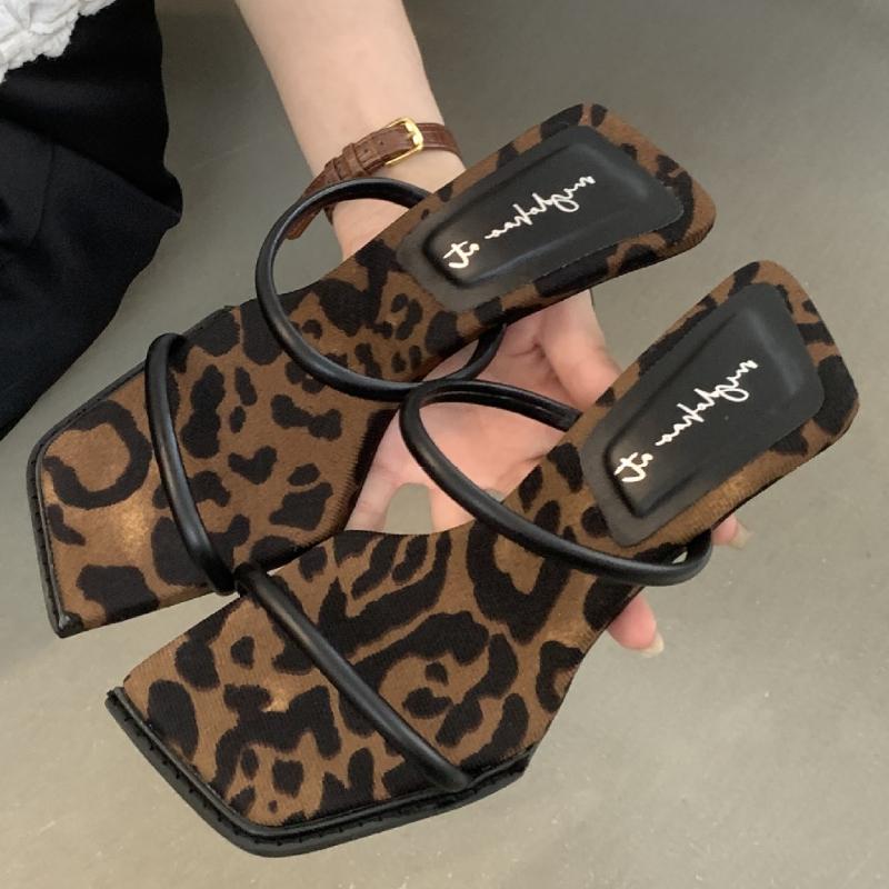 Fashion Fashion Leopard Narrow band Women Sandals Square toe thin Heel Slide Sandals Summer Sexy Open Toe non-slip heeled shoes woman