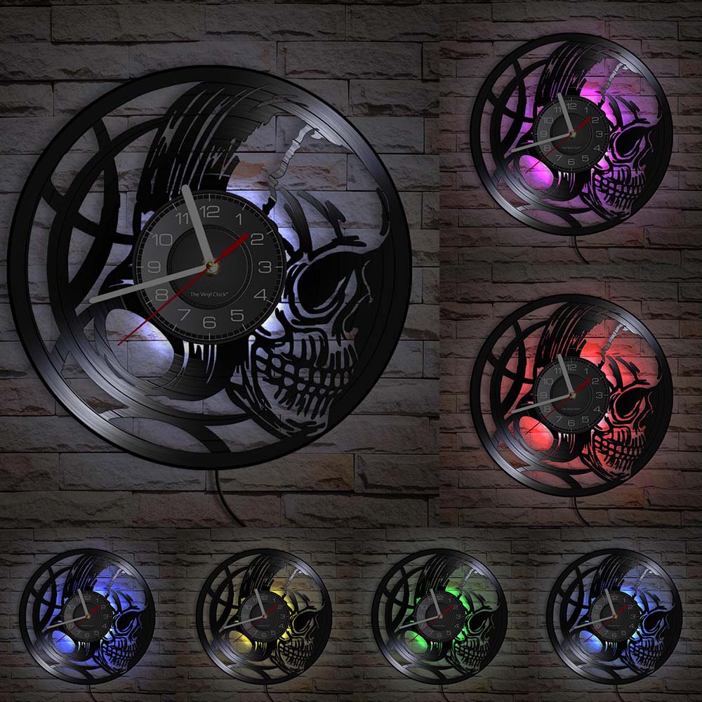 Schädel-Kopf-Vinyl-Schallplatten-Wanduhr im Alter von Skelett-Kopf-Wanduhr, Skelett-Vampir-Männer, Halloween-Dekor, Wandbehang-Uhr