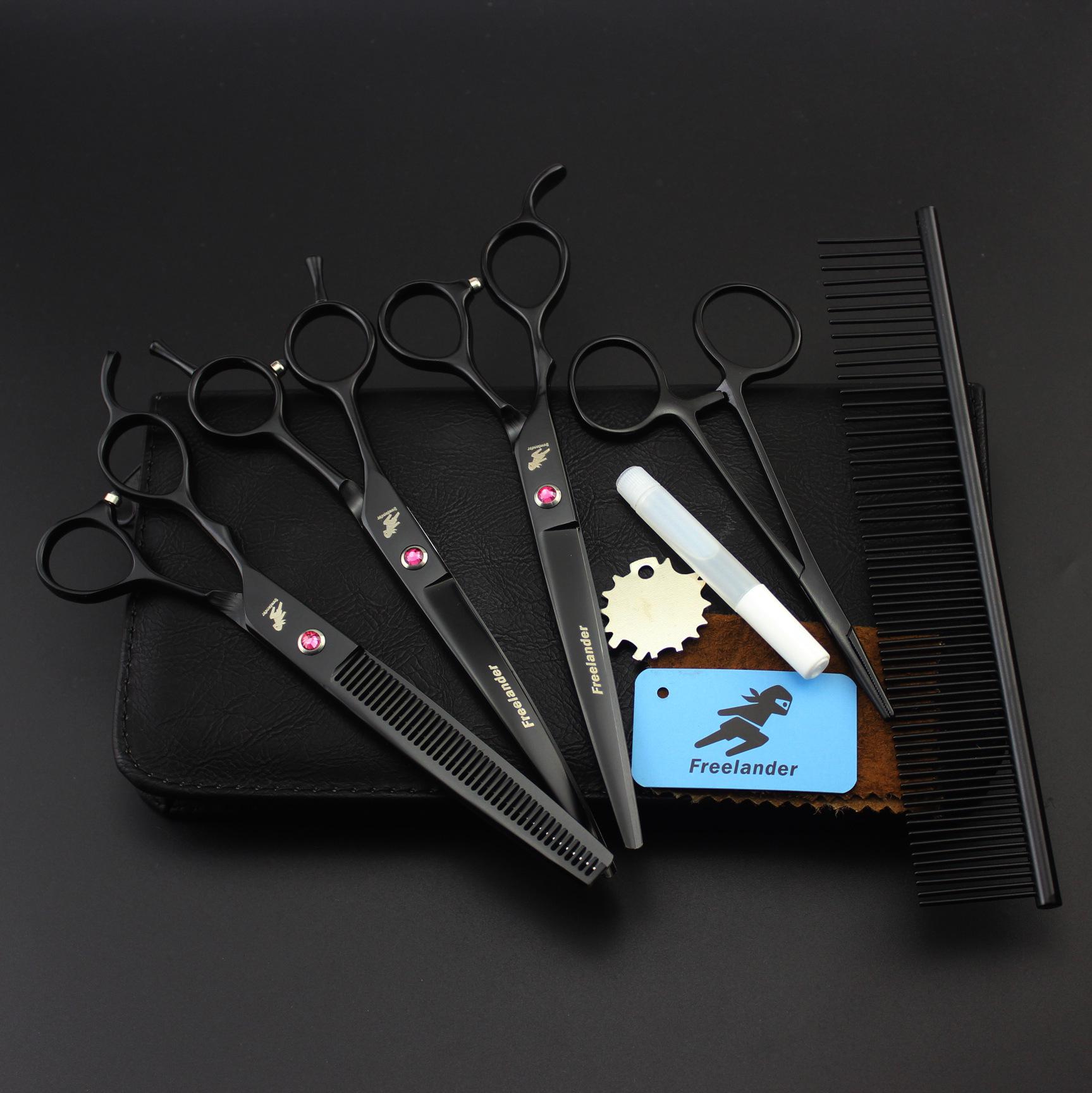 7.0-inch Black Baked Paint Left-Handed 3-Piece Pet Grooming Scissors Set with Comb 7-inch Black Left Hand Dense Tooth Set
