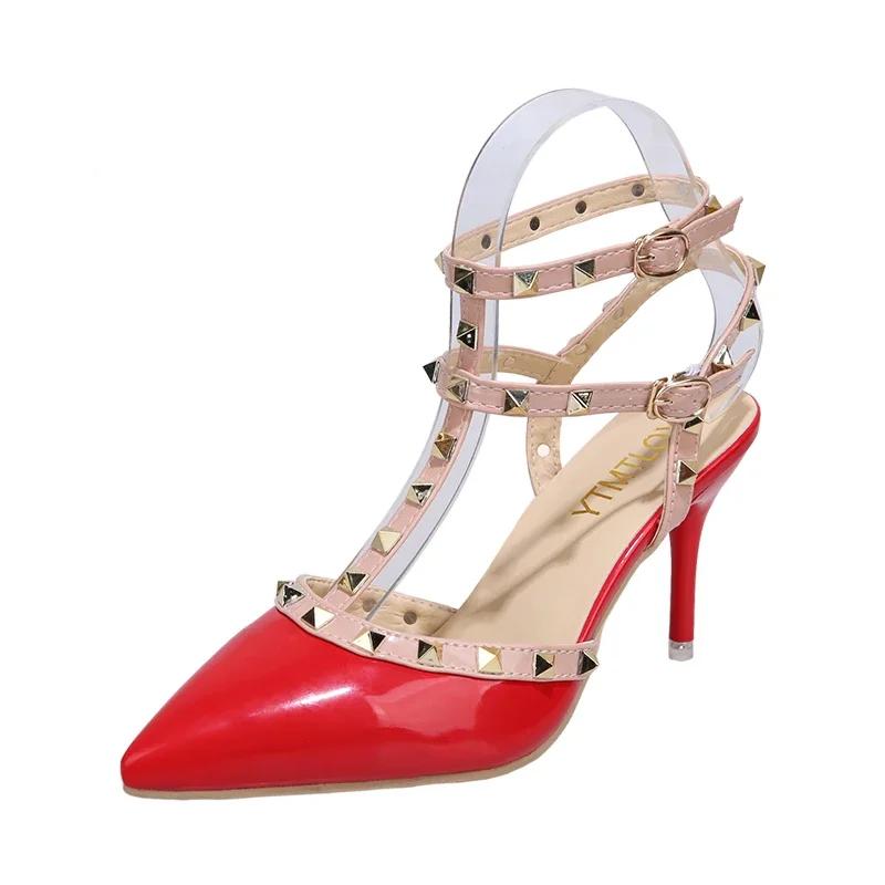 2024 de primăvară noi tocuri înalte femei cu toc stiletto sălbatic sexy vârf ascuțit cu nituri unice pantofi femei sandale cu vârful degetelor femei