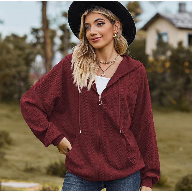 Women's Oversized V-neck Zipper Pure Color Long Loose Hooded Outwear