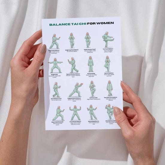 5 kusů Tai Chi cvičební tabule pro seniory a začátečníky, plakát 10x8 palců s jemnými stojenými a sedavými pozicemi, nízkoúderový fitness průvodce pro flexibilitu