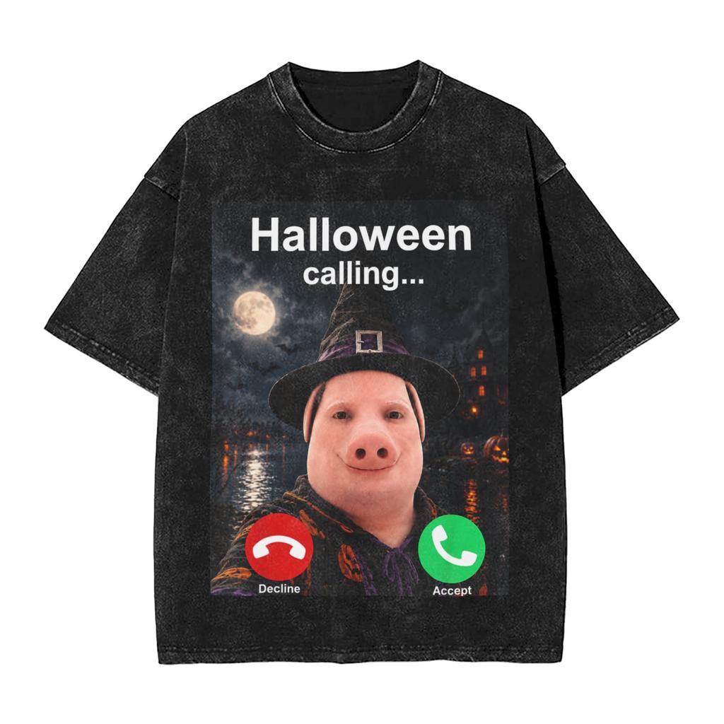 Vintage Washed Tshirt John Pork Holding Niche Ai Baby Funny Halloween Motion Meme Cotton Tshirts Trending Tshirt For Man