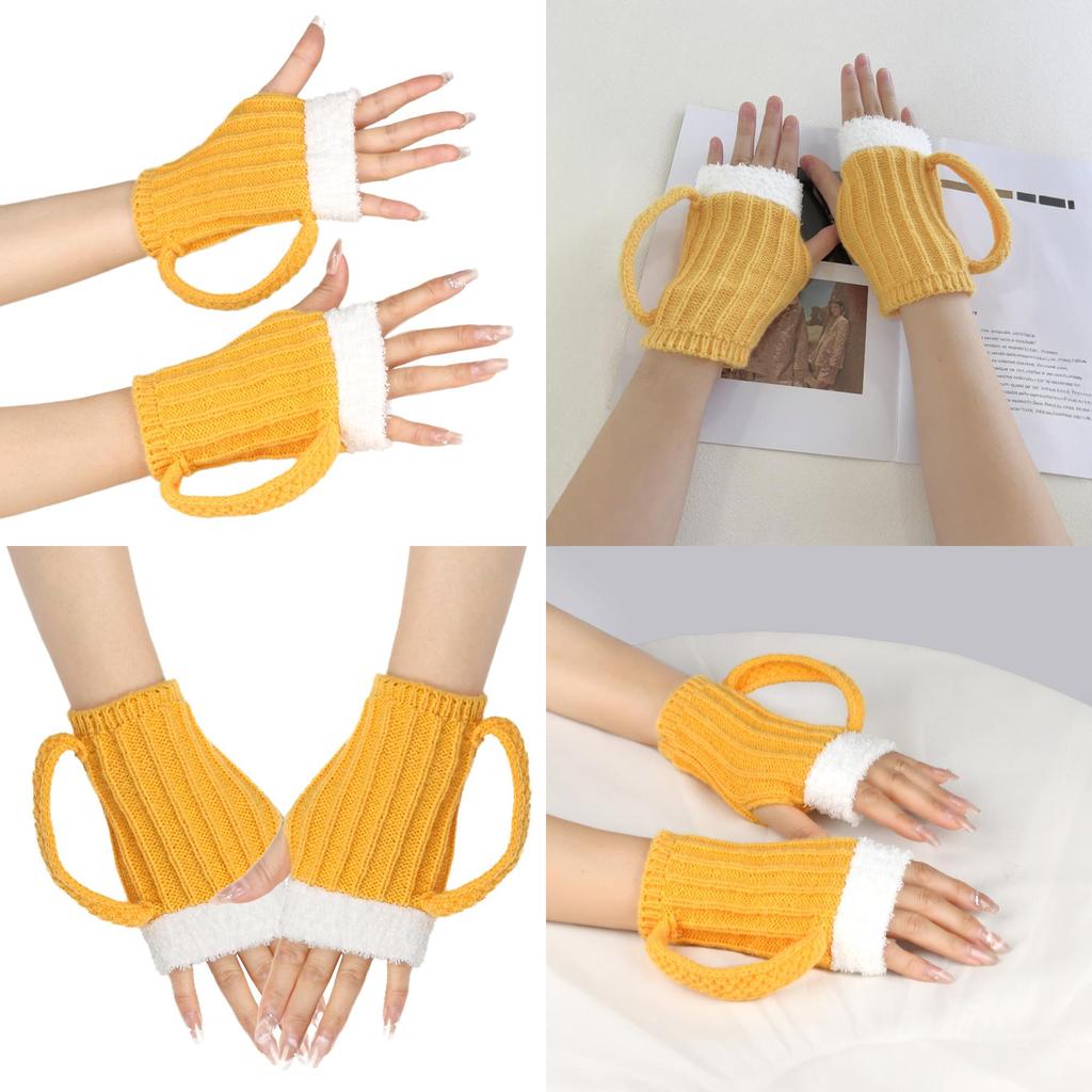 Unique 3d Design Yellow Fingerless Gloves For Winter Beer Lovers Cozy And Stylish