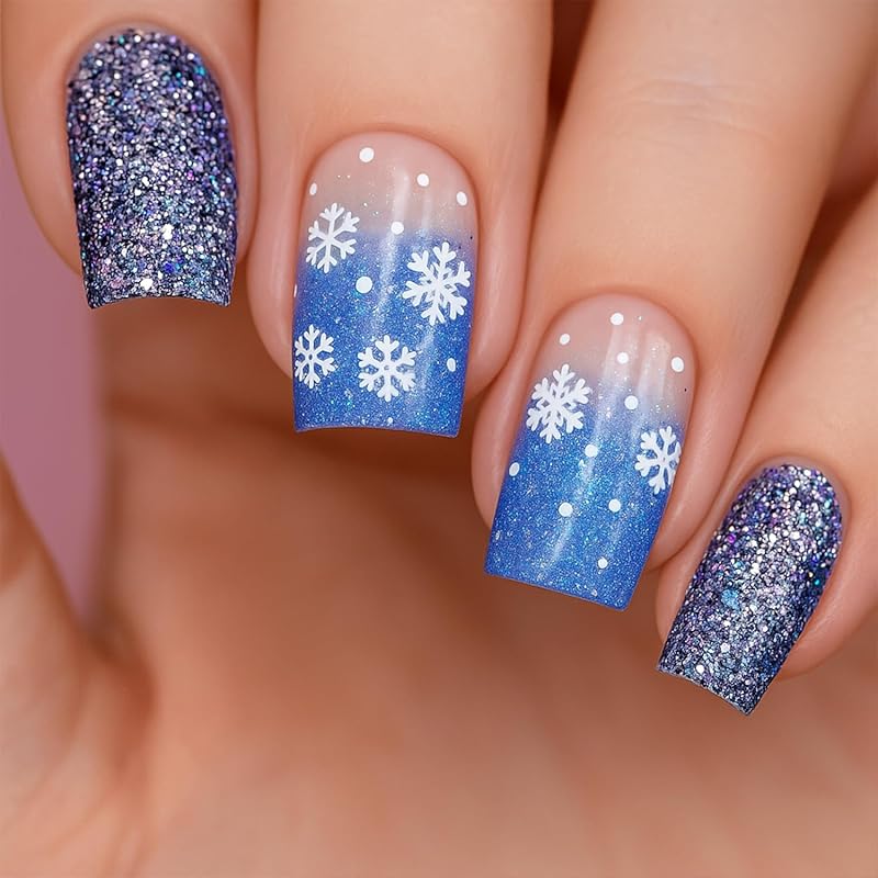 Christmas Press on Nails Short Square Red Fake Nails with Candy Cane Line Snowflake Glossy Designs Full Cover Press ons False Nails for Women 24 Pcs